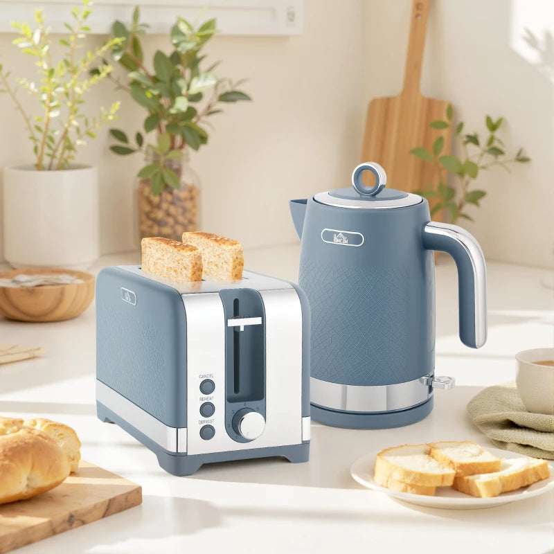 Sleek Blue Textured Kettle and Toaster Set - Modern Kitchen Appliances for Stylish Cooking and Toasting
