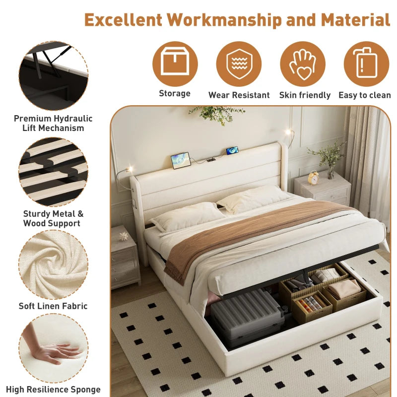 King Upholstered Bed with Hydraulic Storage & LED Reading Light - Beige, 208L x 158W x 113H cm, Stylish Headboard