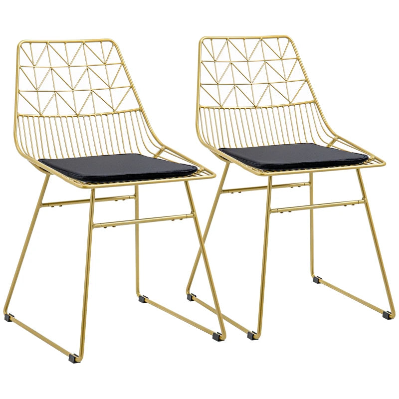 Luxurious Set of 2 Dining Chairs - Metal Wire Kitchen Chairs with Velvet Cushions, Cut-out Back & Gold Steel Frame