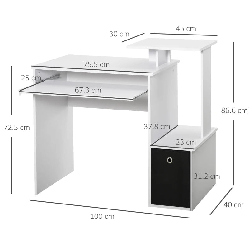 Modern White Computer Desk with Sliding Keyboard Tray, Storage Drawer & Shelf - Ideal Home Office Workstation