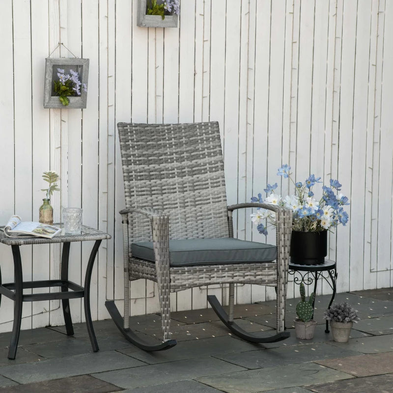 Light Grey Rattan Rocking Chair Set with Armrest and Cushion