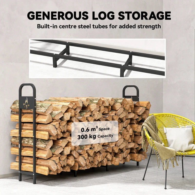 6.5 FT Heavy Duty Steel Firewood Log Rack - 300 kg Capacity Indoor/Outdoor Wood Storage with Decorative Bonfire Pattern