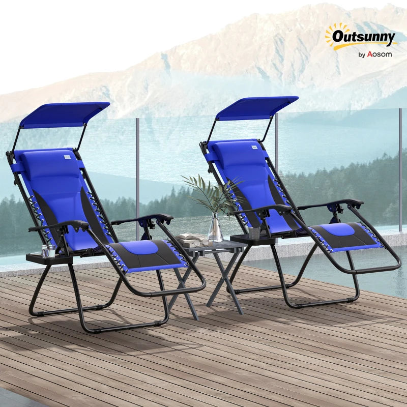 Zero Gravity Lounger Chair Set of 2 - Folding Reclining Patio Chairs with Shade Cover, Cup Holder, Soft Cushion and Headrest for Poolside, Camping - Blue