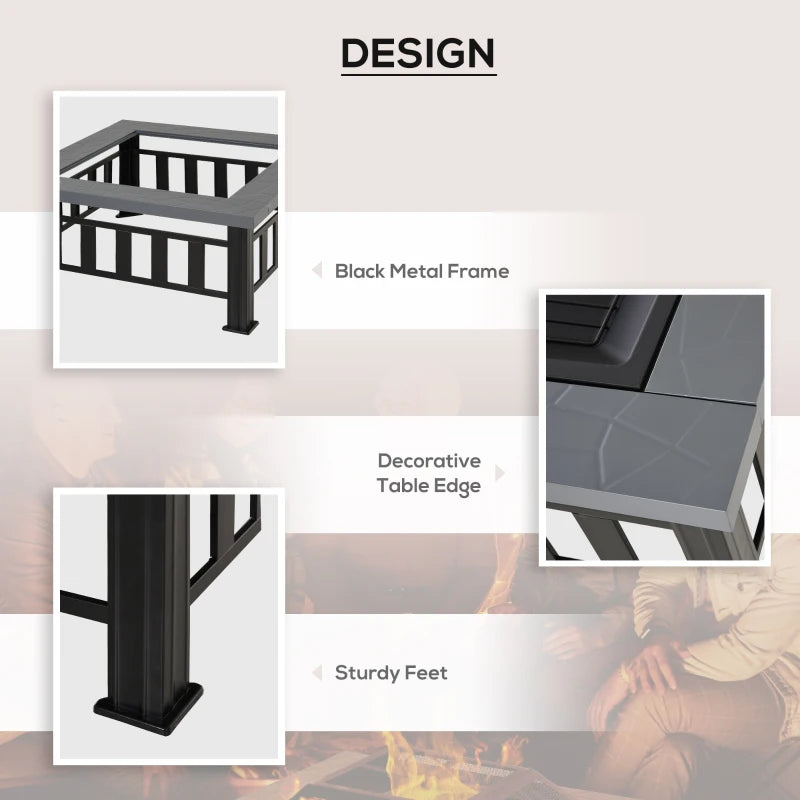 Large Square Metal Fire Pit with Cover & Grate - Outdoor BBQ Bonfire Stove for Backyard & Camping, 86x86cm, Black