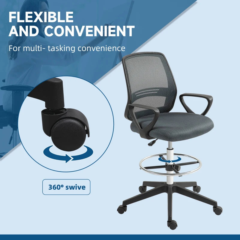 Vinsetto Draughtsman Office Chair with Footrest - Adjustable Height 102.5-126cm, Ergonomic Grey Design for Comfort and Support