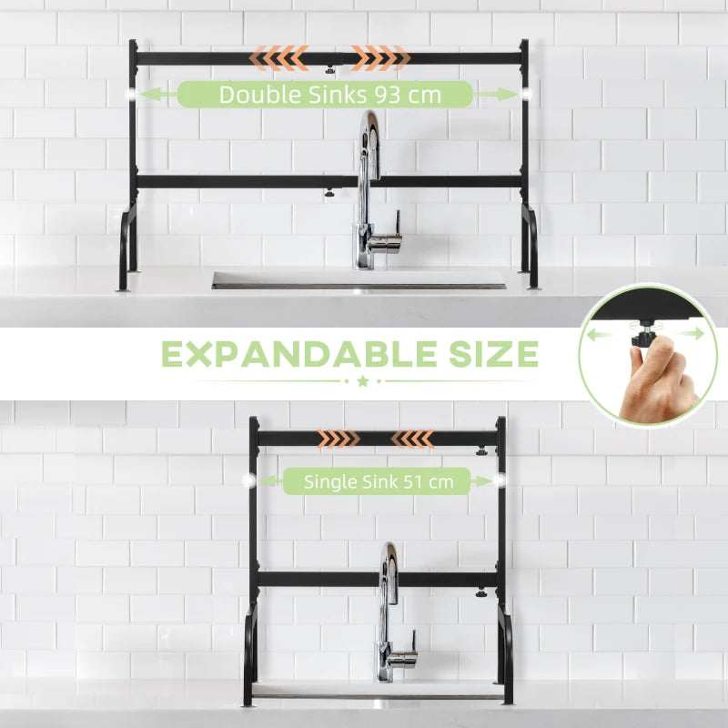 Space Saving 2-Tier Adjustable Dish Drainer Rack Over Sink - Black Dish Drying Organizer for Kitchen