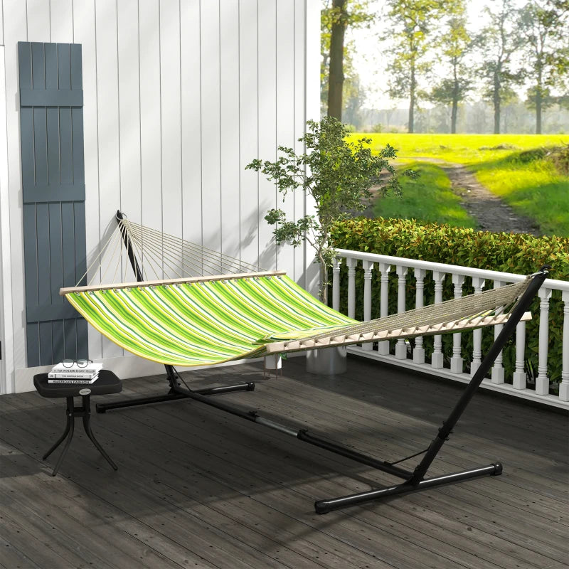Green Striped Double Cotton Hammock with Adjustable Steel Frame