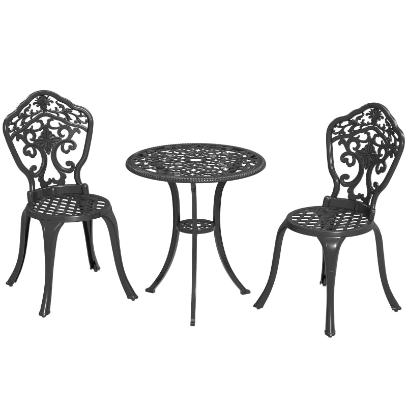 3 Piece Black Cast Aluminium Garden Bistro Set for 2 - Outdoor Coffee Table Set with Parasol Hole, Includes 2 Armless Chairs and Round Coffee Table for Balcony and Patio