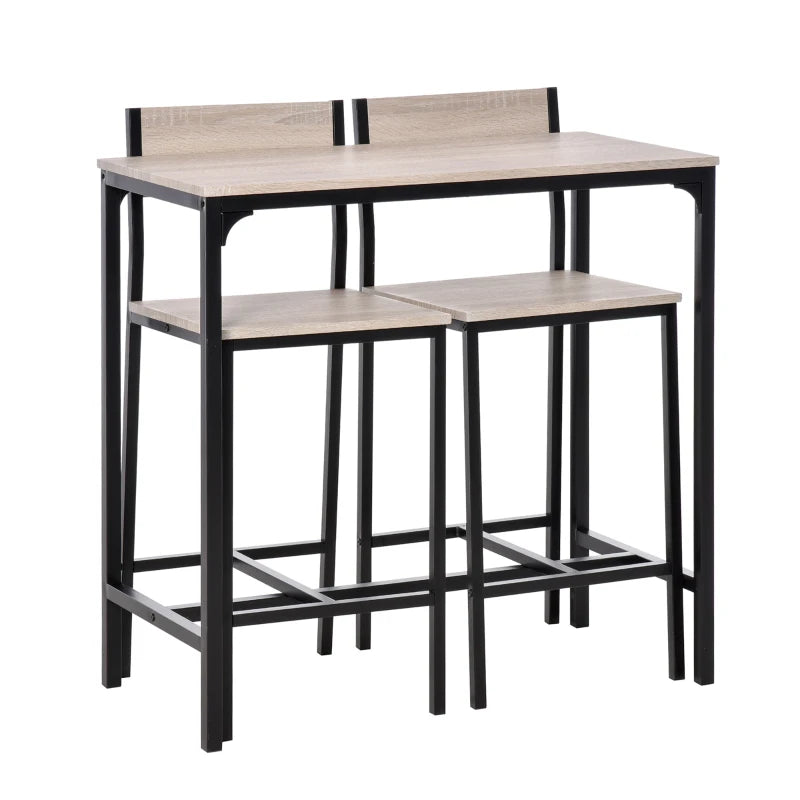 3-Piece Industrial Bar Table Set with 2 Stools, Footrest & Backrest - Perfect for Small Dining Spaces