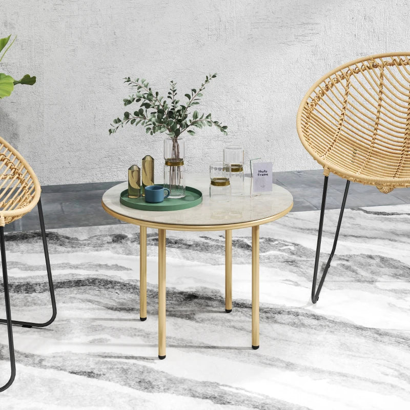 60cm Round Small Garden Table - Outdoor Side Table with Faux Marble Top, Steel Frame, Beige