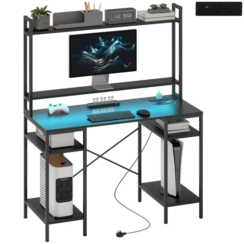 Modern Black Computer Desk with Power Outlets & LED Lights, Home Office Study Table with Monitor Stand & Storage Shelves