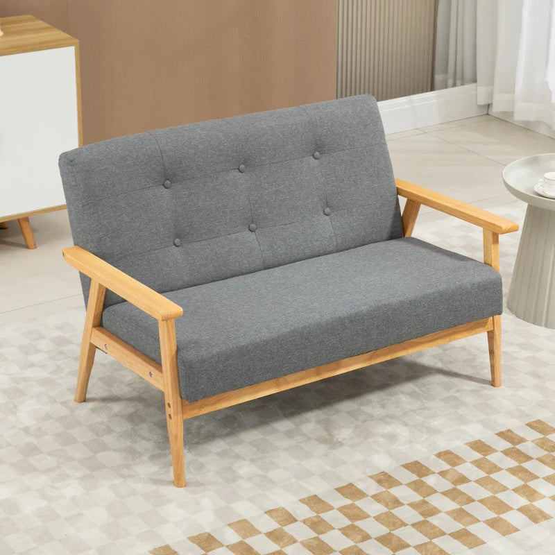 Modern 2 Seater Sofa in Dark Grey Linen Fabric with Tufted Design and Rubberwood Legs for Living Room and Kitchen