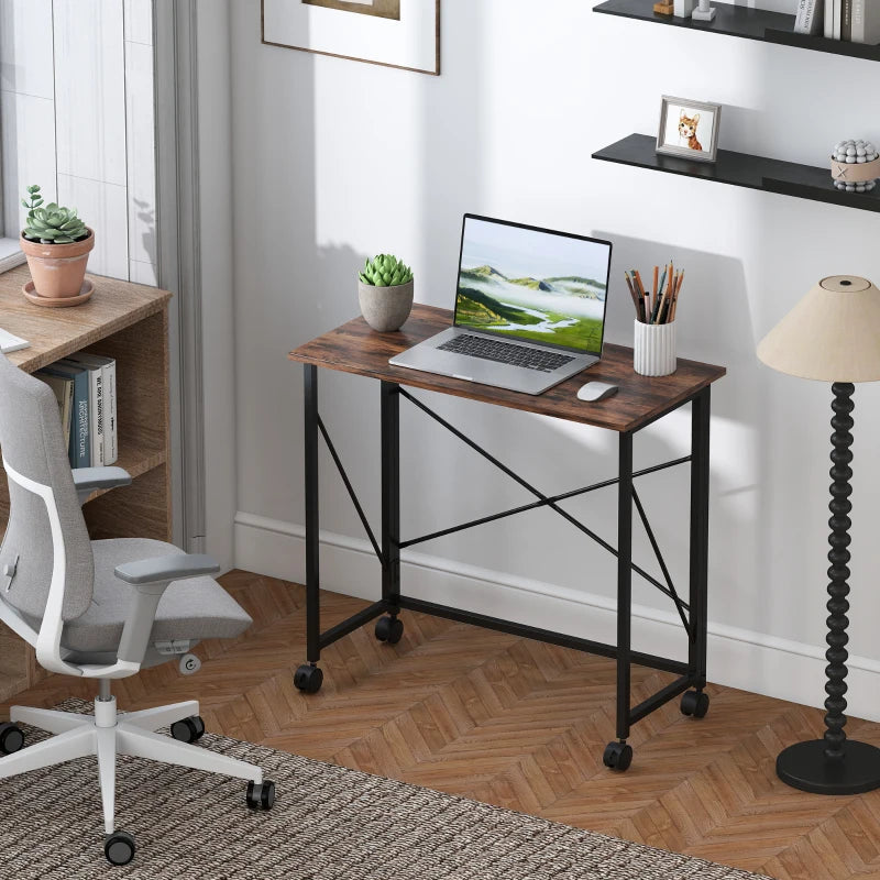 Rustic Brown 80 cm Folding Desk on Wheels - Space-Saving, Portable Workstation for Home Office & Study
