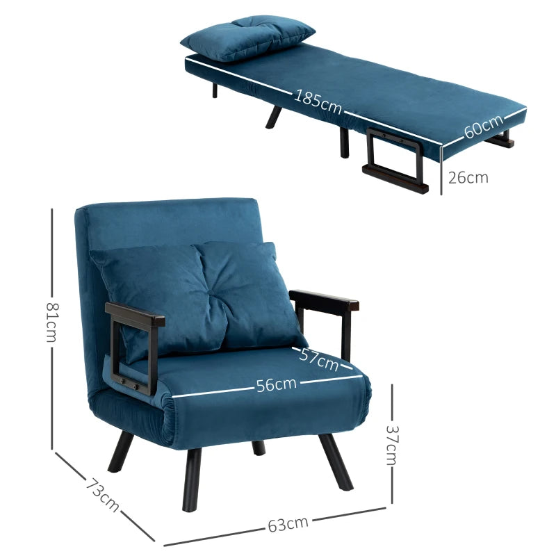 Velvet-Feel Single Chair Bed with Pillow in Navy Blue - Versatile 4-in-1 Design for Comfort and Style