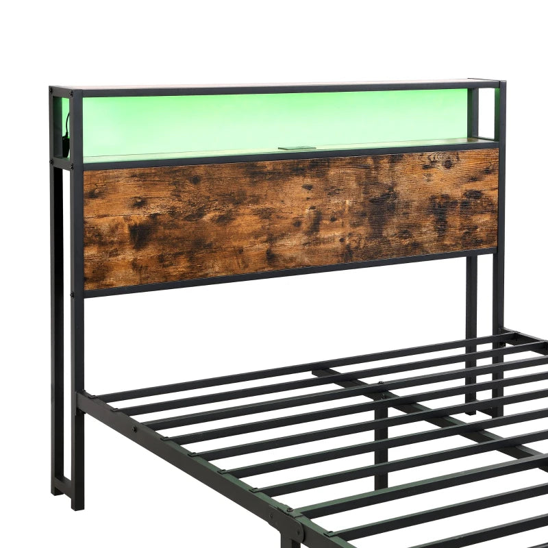 Metal Double Bed with LED Light Strip, 4 Drawers & 3 USB Ports - Black & Dark Walnut, 207.5x135x105 cm