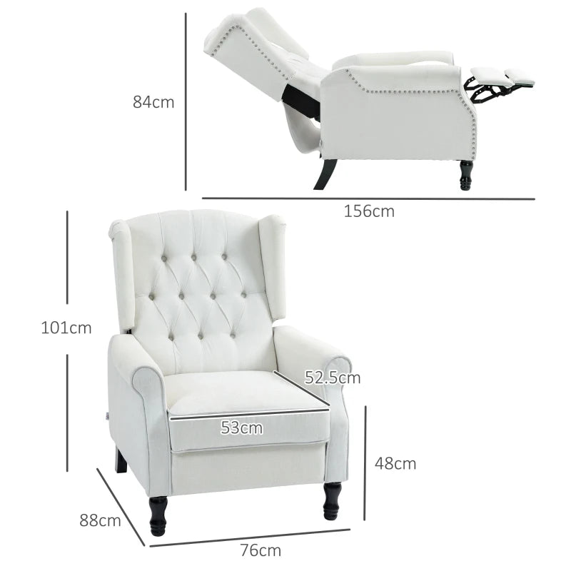 Vintage Wingback Recliner Armchair with Nail Head Trim and Button Tufted Back for Living Room, Cream White