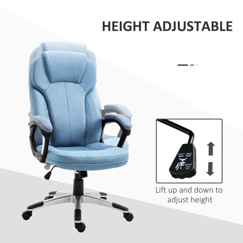Vinsetto Blue Linen Fabric Office Chair - Height Adjustable Desk Chair with Padded Armrests, Swivel Wheels & Tilt Function