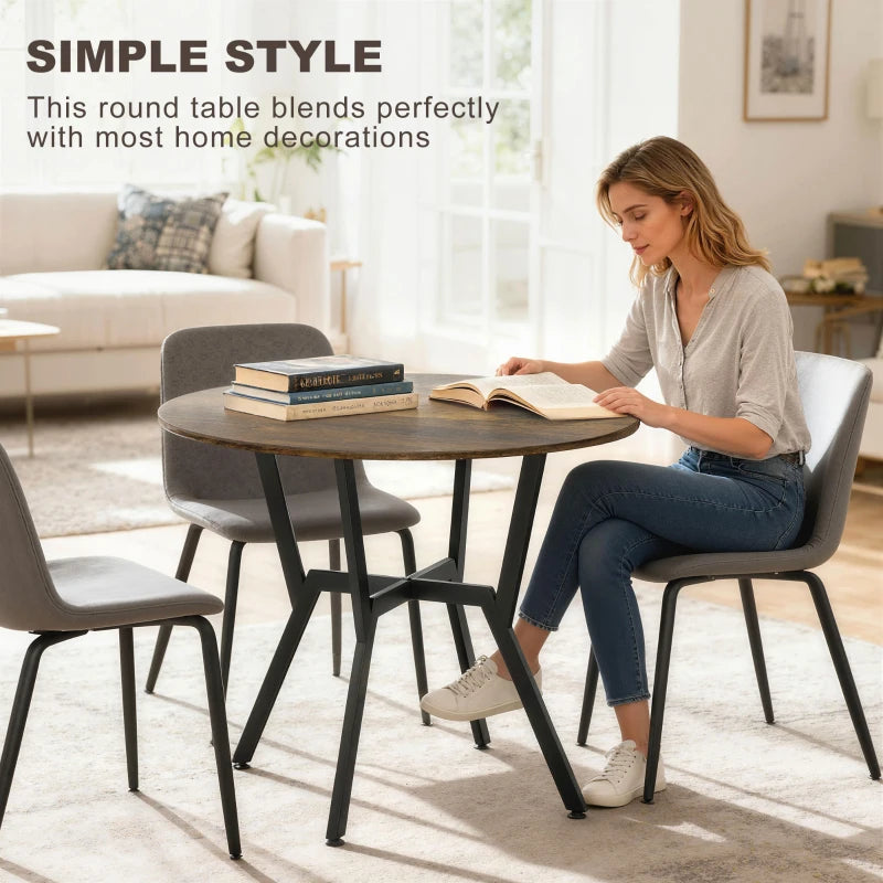 Rustic Brown Round Dining Table with Black Legs & Anti-Slip Foot Pads - 90 x 76 cm for Living Room & Kitchen