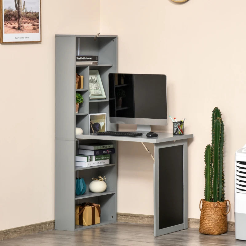 Folding Convertible Desk with Blackboard - Multi-Function Office Workstation & Side Shelf for Home Office - Grey