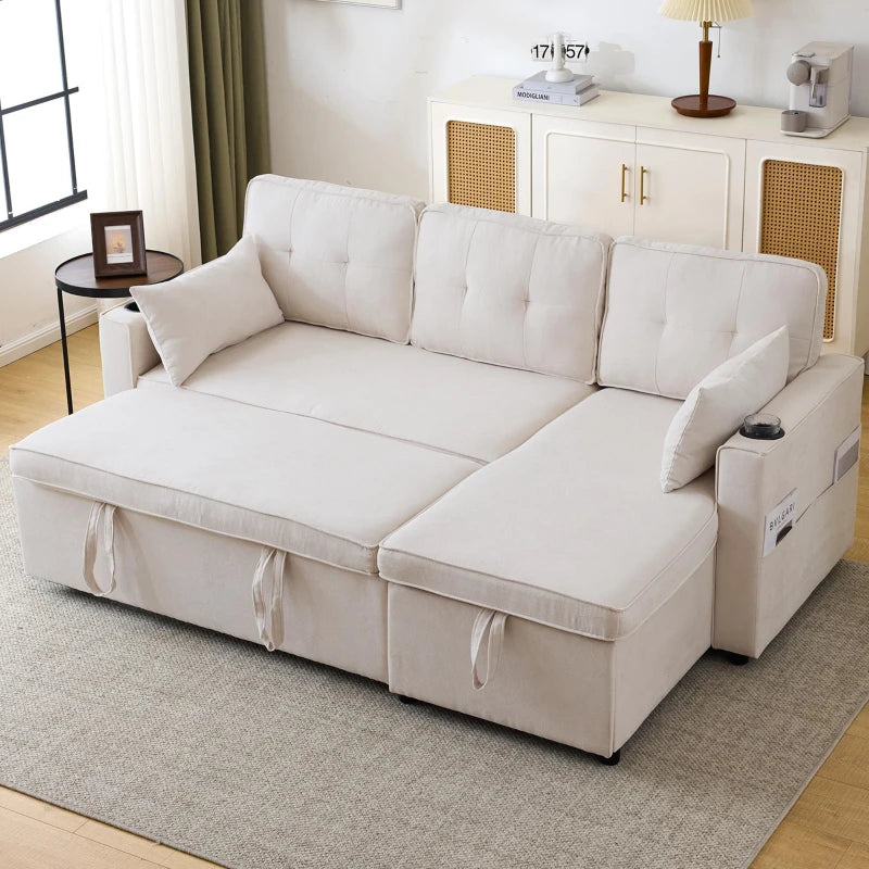 Versatile L-Shaped Sofa Bed with Reversible Chaise, Storage, Cup Holders and Cushions in Beige