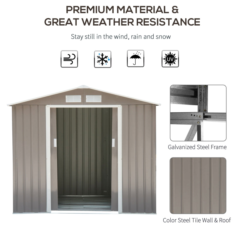Grey 7ft x 4ft Lockable Garden Metal Storage Shed With Air Vents