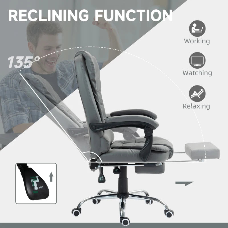 Executive Office Chair with Swivel Wheels, Reclining Backrest & Retractable Footrest - Stylish Grey Home Office Seating