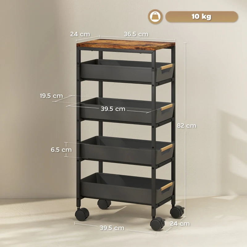 5-Tier Rolling Storage Cart with Wheels for Kitchen and Home Organization Black
