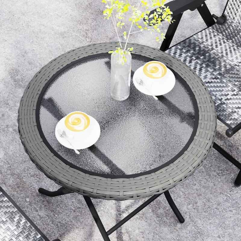 Folding Round Tempered Glass Garden Table - 60cm, Grey Rattan Edging