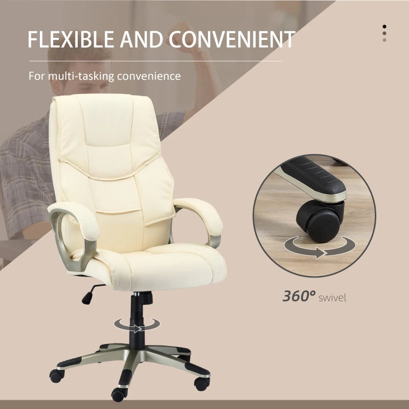 High Back Home Office Chair - Adjustable Cream White Faux Leather Desk Chair with Rocking Function