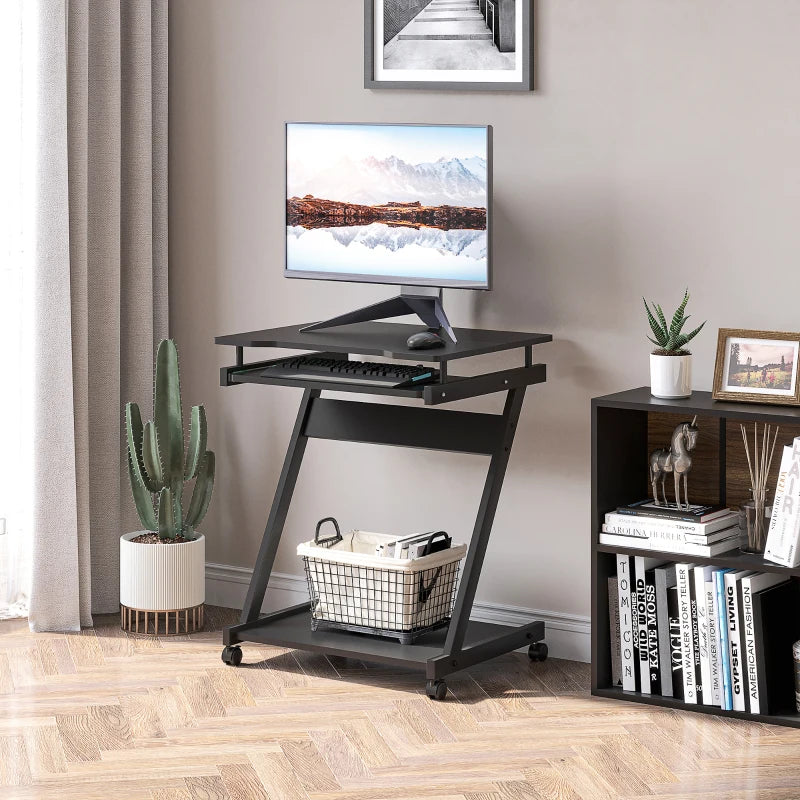 Movable Black Computer Desk with 4 Wheels & Sliding Keyboard Tray - Ideal Home Office Workstation