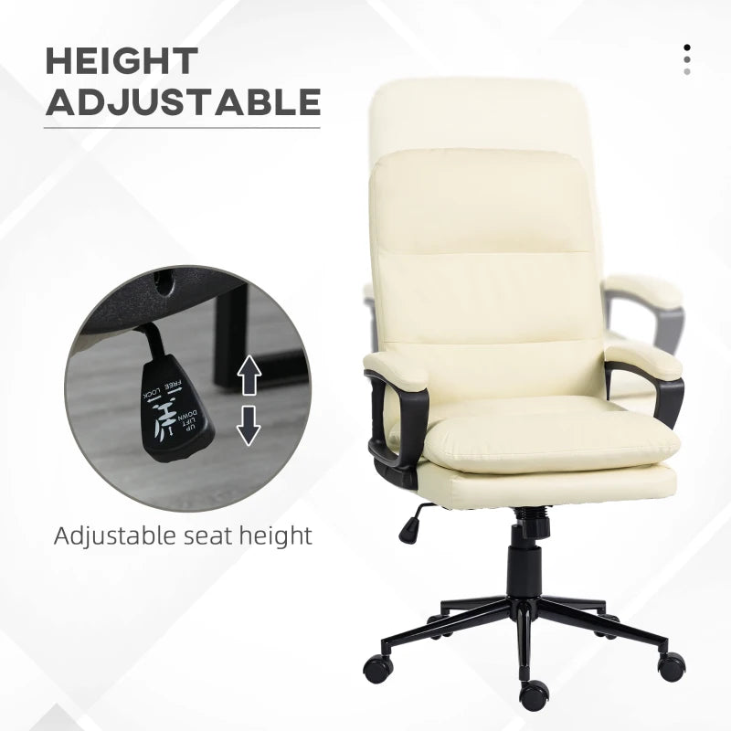 Vinsetto Cream White PU Leather Office Chair - Adjustable Height, Swivel Rolling Wheels for Home & Study