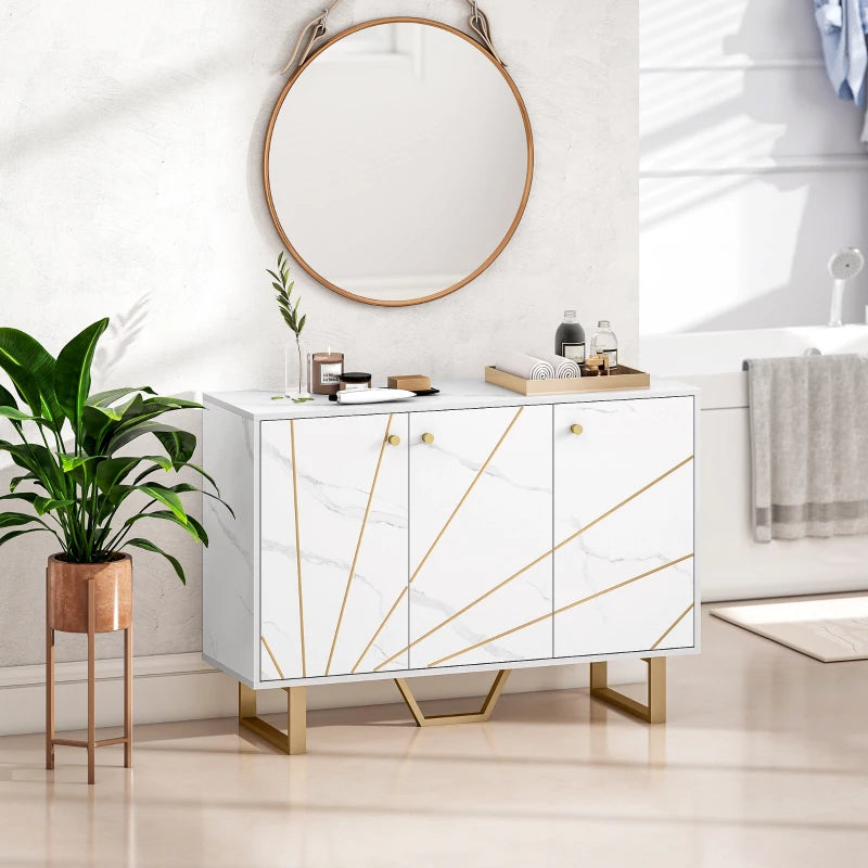 Modern Sideboard Storage Cabinet with Adjustable Shelves & Metal Legs - White Marble Tone for Living Room, Kitchen, Dining Room, Entryway