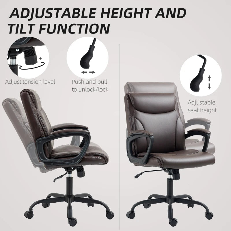 Executive Faux Leather Office Chair - Height Adjustable, Swivel Wheels, Tilt Function - Brown Desk Chair for Home Office & Study