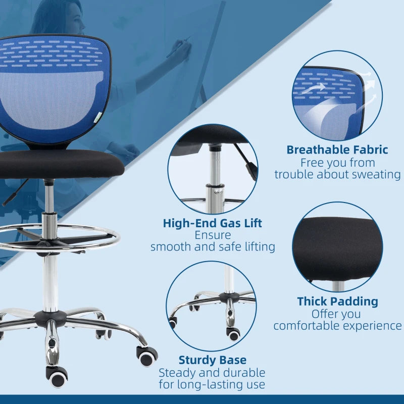 Vinsetto Dark Blue Drafting Chair - Swivel Mesh Office Chair with Adjustable Foot Ring, Armless Design for Standing Desks