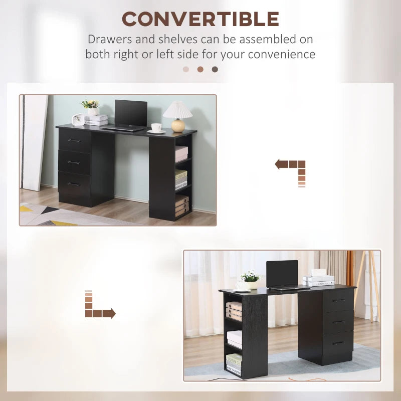 Modern Black Computer Desk with 3 Storage Shelves & Drawers - Stylish Writing Table for Home Office Workstation