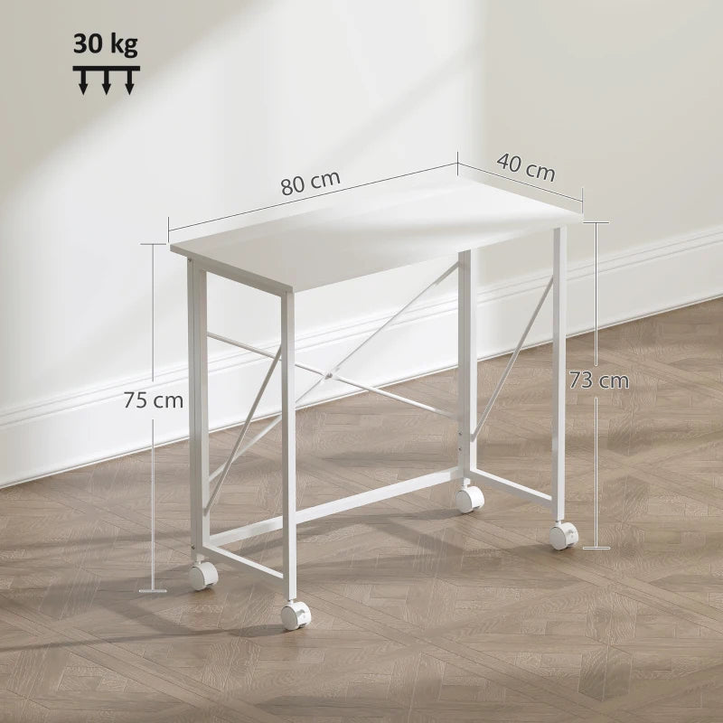 Versatile 80 cm Folding Desk on Wheels - Space-Saving White Home Office Table for Easy Mobility and Storage