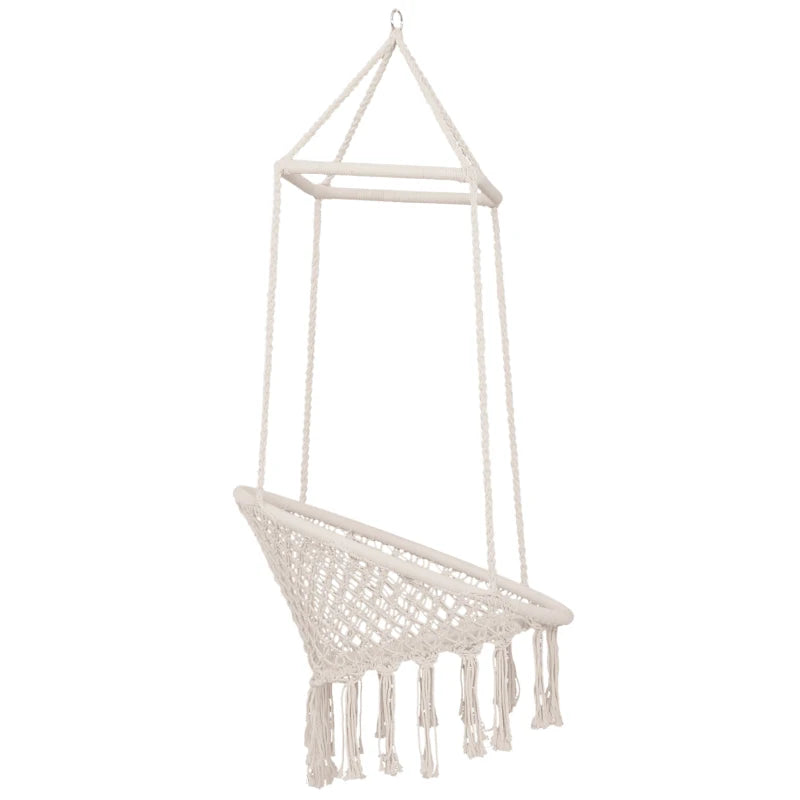 Beige Macrame Hanging Rope Chair with Tassels - Portable Garden Seat