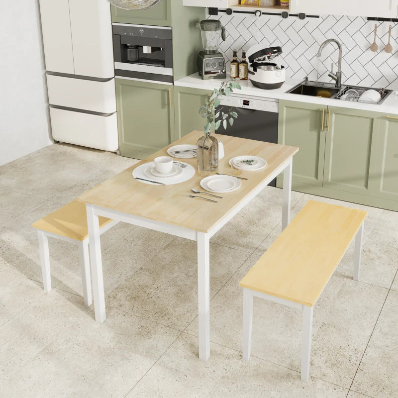Farmhouse Dining Table and Bench Set - Wooden Frame Kitchen Furniture for Living Room, Natural & White Finish