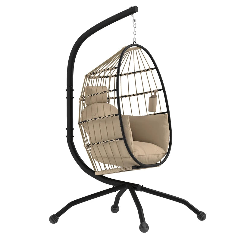 Hanging Egg Chair - Khaki - Outdoor Indoor Garden Swing Chair with Stand, Folding Basket, Thickened Cushion, Headrest & Cup Holder - Perfect for Patio & Balcony