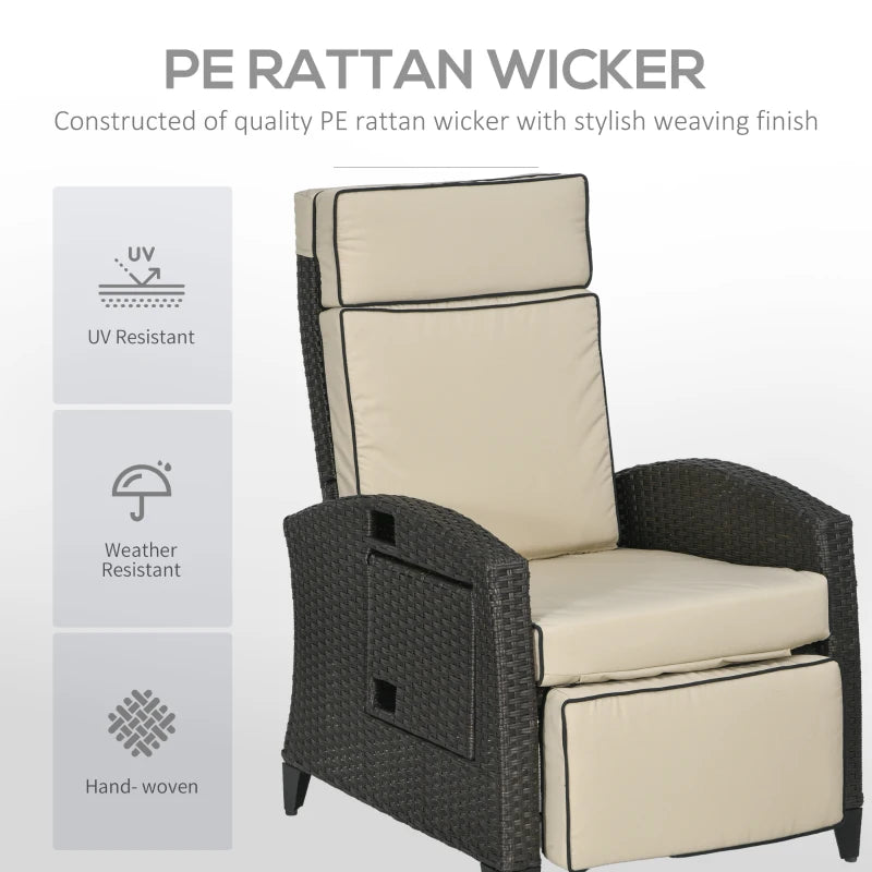 Khaki Outdoor Recliner Chair with Adjustable Backrest, Footrest, Cushion & Side Tray