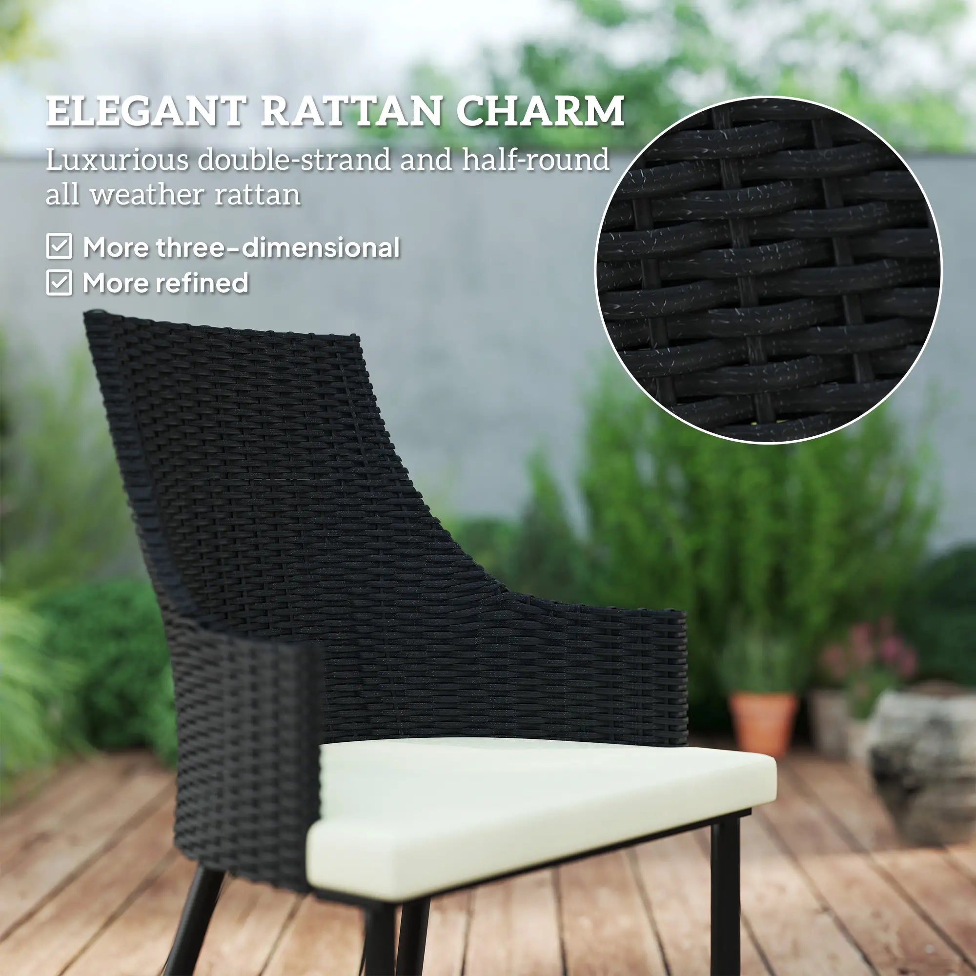 6 Seater Black & Cream White Rattan Dining Set with Cushions, Armchairs, Rectangle Slatted Table Top, Steel Frame, Parasol Hole, Wicker Outdoor Furniture for Patio