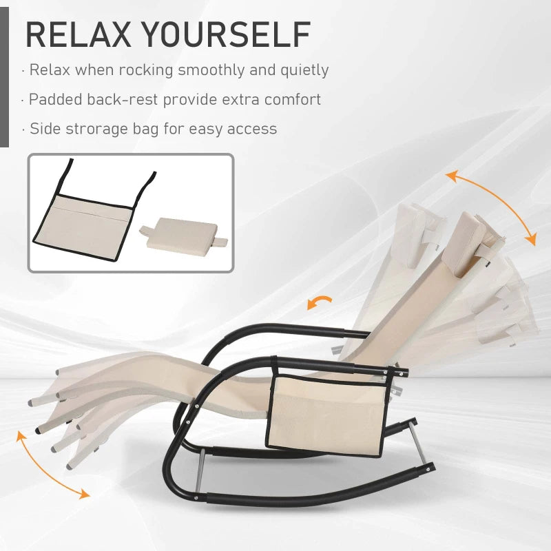 Outdoor Rocking Chair with Mesh Fabric, Headrest, Armrest, Storage Bag - Cream White