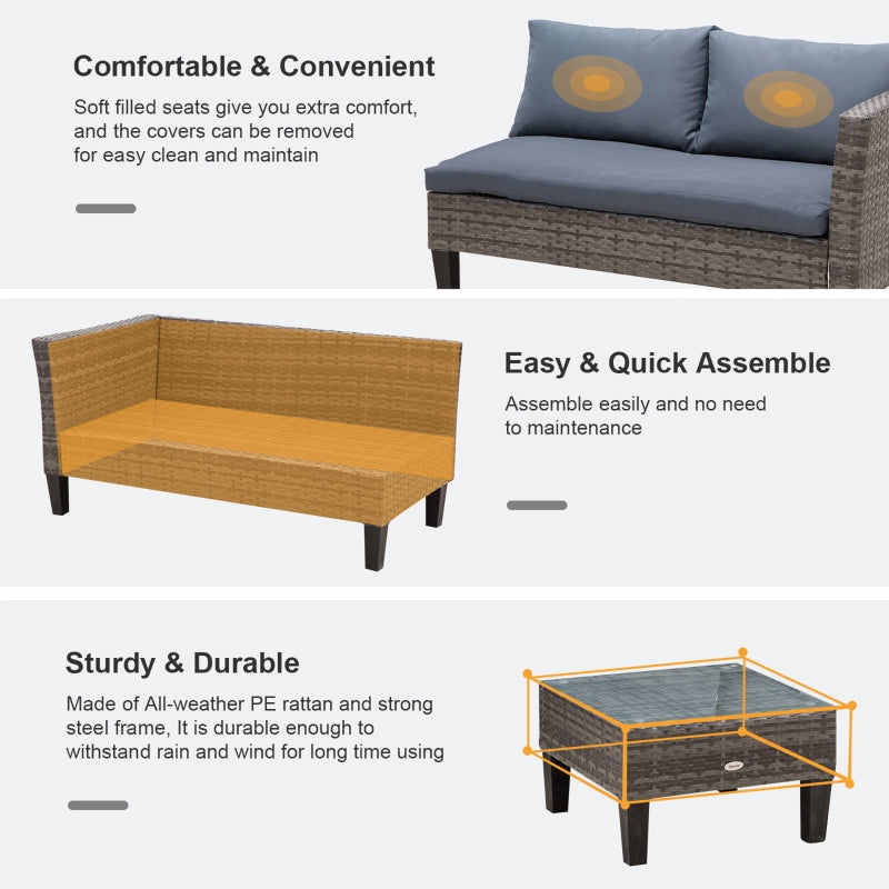 3 Piece Rattan Sofa With Blue Cushions