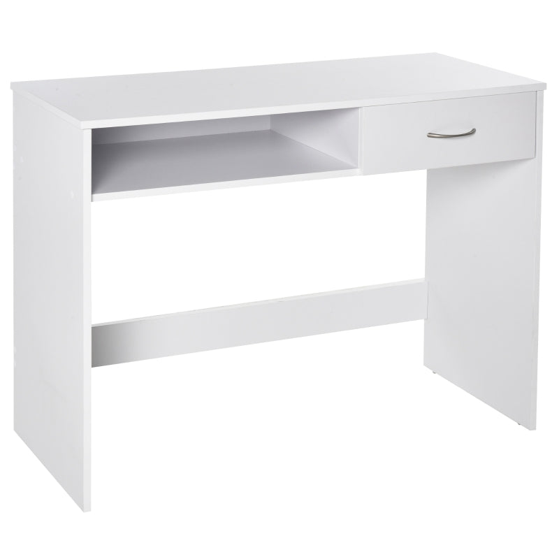 Compact White Computer Desk with Drawer & Storage Compartment - Stylish Study Table & Writing Workstation for Home Office
