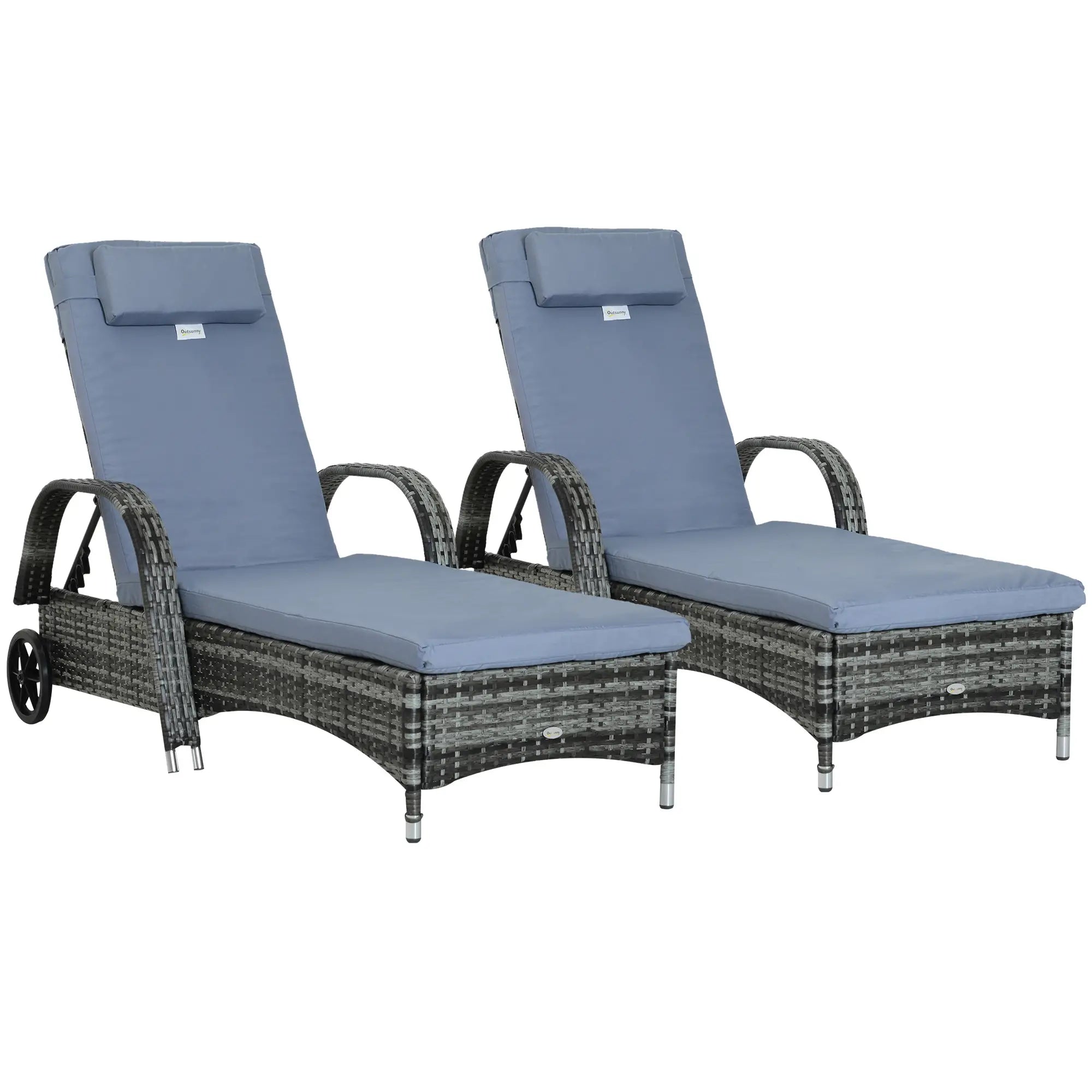 2 Piece Rattan Sun Lounger Recliner Set - Adjustable Headrest with Fire Retardant Cushions