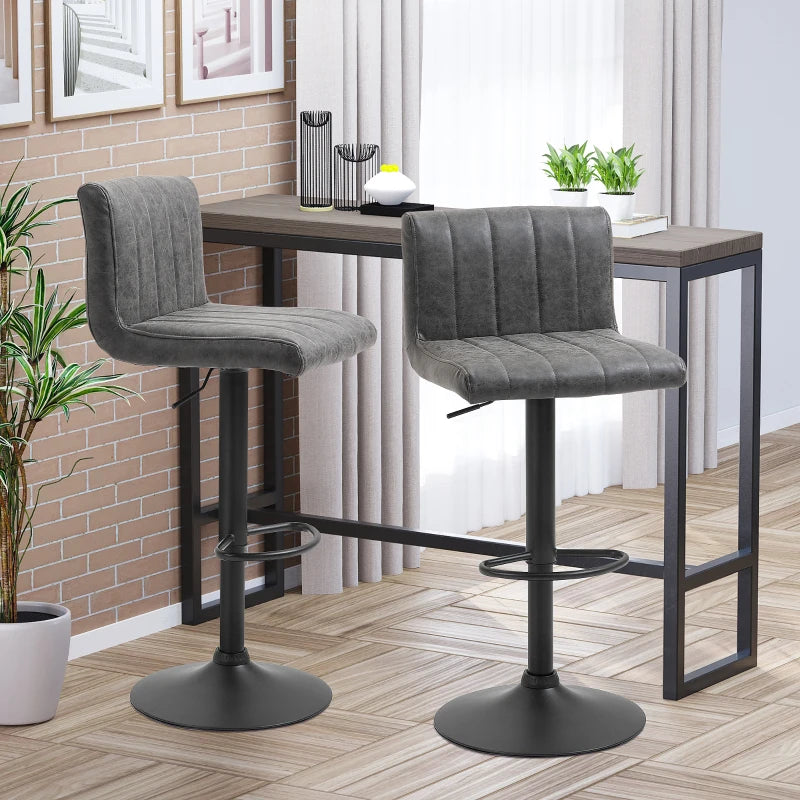 Adjustable Swivel Barstools Set of 2 - Grey PU Leather Counter Chairs with Footrest & Gas Lift
