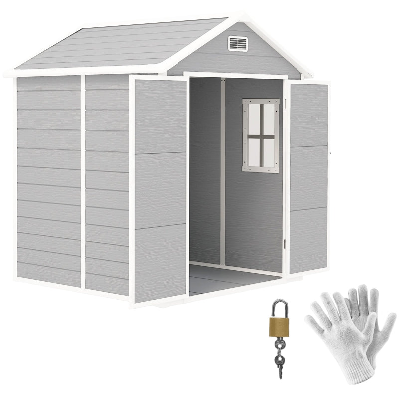 6 x 5ft Light Grey Plastic Garden Shed with Floor, Window, Lockable Doors and Vents - Wood Effect Resin Tool Storage for Outdoor Patio