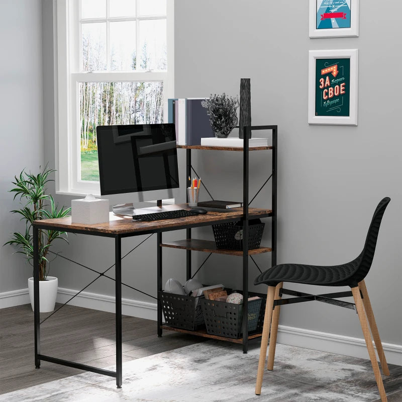 Reversible Industrial Computer Desk with Storage Shelves - Rustic Brown & Black, Easy Assembly, 120x64x121cm for Home Office