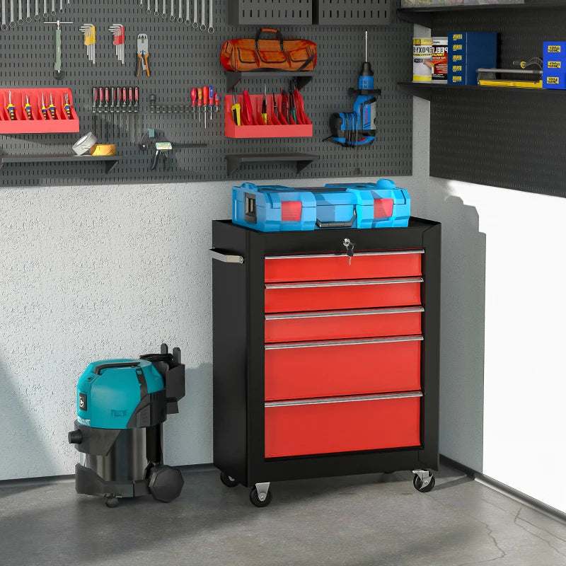 Black & Red Metal Tool Chest With Wheels & Key