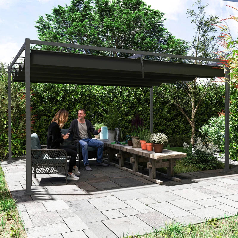 4m x 3m Black Metal Pergola with Retractable Canopy Roof